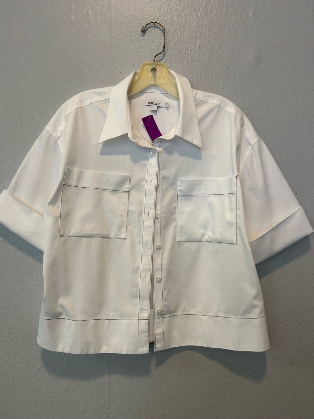 Chico's White Short Sleeve Button-Front Shirt Jacket